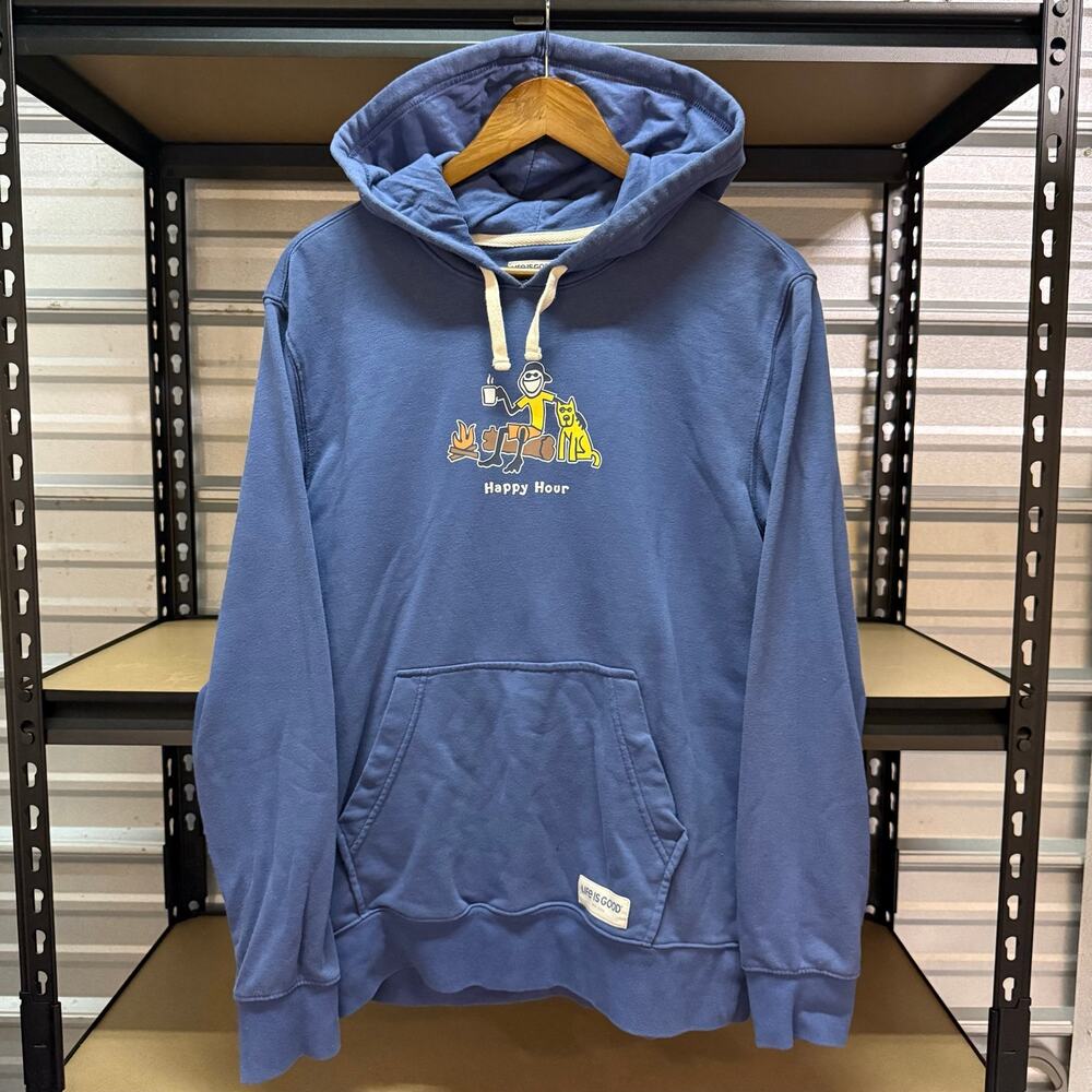 Life Is Good Happy Hour Campfire Dog Graphic Hoodie Blue Mens Size M